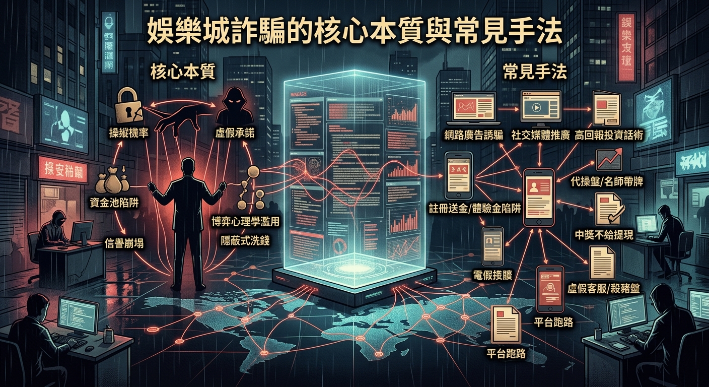 這張圖以暗色調的高科技風格呈現,中央展示巨大的立體數據柱與全球網絡節點,象徵線上博弈網絡的隱蔽運作。 畫面兩側分別解析「娛樂城詐騙」的核心本質與常見手法,上方標題為「娛樂城詐騙的核心本質與常見手法」。