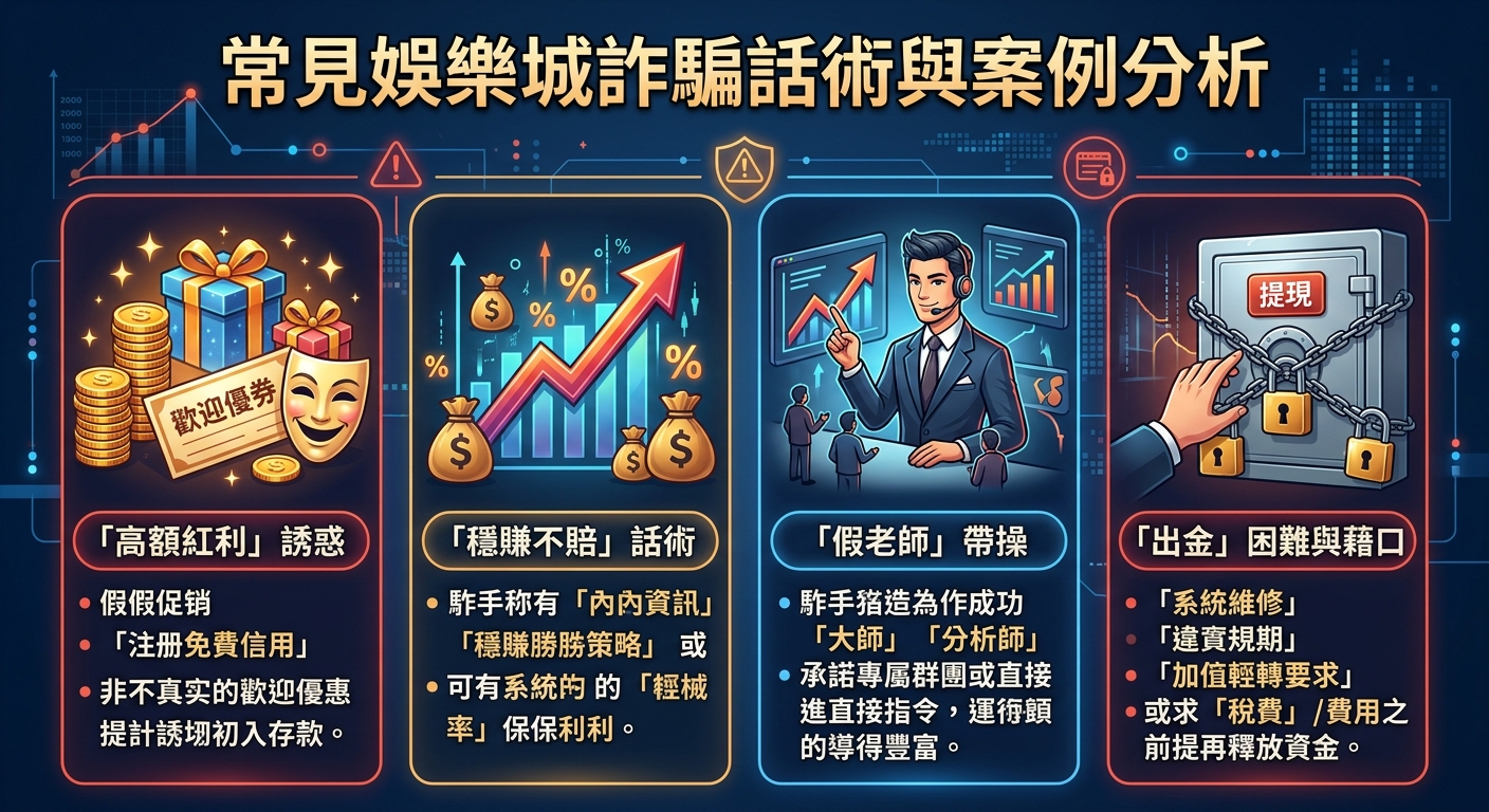這幅圖表以深色科技風格背景呈現,最上方標有黃色標題「常見娛樂城詐騙話術與案例分析」。 下方的四個主題區塊以豐富的插圖與清晰條目,詳細解析了「高額紅利誘惑」、「穩賺不賠話術」、「假老師帶操」及「出金困難與藉口」等常見詐騙手法。